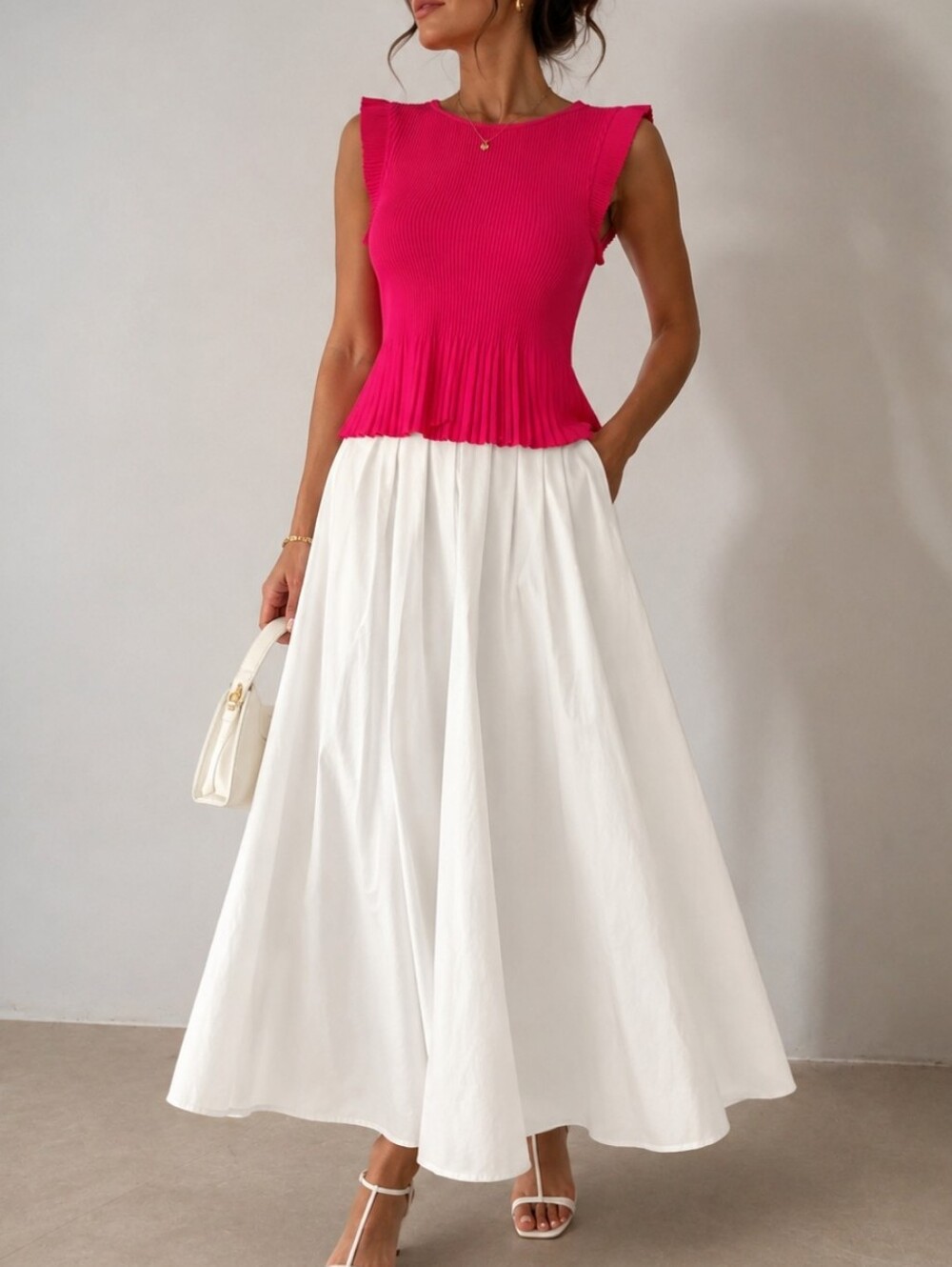 NWT DKNY Nikki Beach Pleated Sleeveless Top XL | Hot Pink Ribbed Stretch Blouse